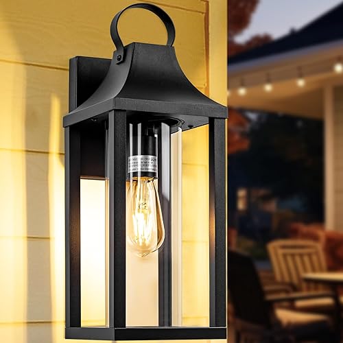 17 Inch Porch Light Large Black Outdoor Light Fixture with Cylindrical Clear Glass, Exterior Light Fixture IP65 Waterproof Outside Light for House Outdoor Wall Sconce Lantern, Matte Black