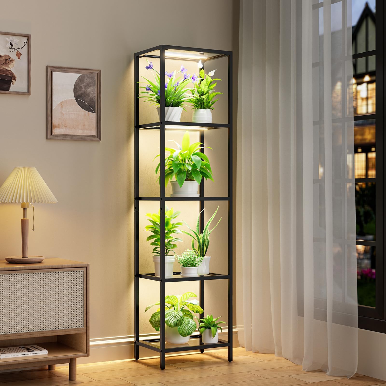 Plant Stand Indoor with Grow Lights, 5 Tiered Tempered Glass Plant Shelf, 63" Tall Plant Stand for Indoor Plants Multiple, Corner Plant Holder Display Shelf, Metal Flower Rack for Home, Patio