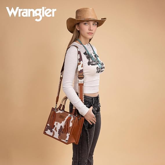 Montana West Wrangler Tote Bag Cow Print Western Satchel Bags for Women Rustler Fringe Purse