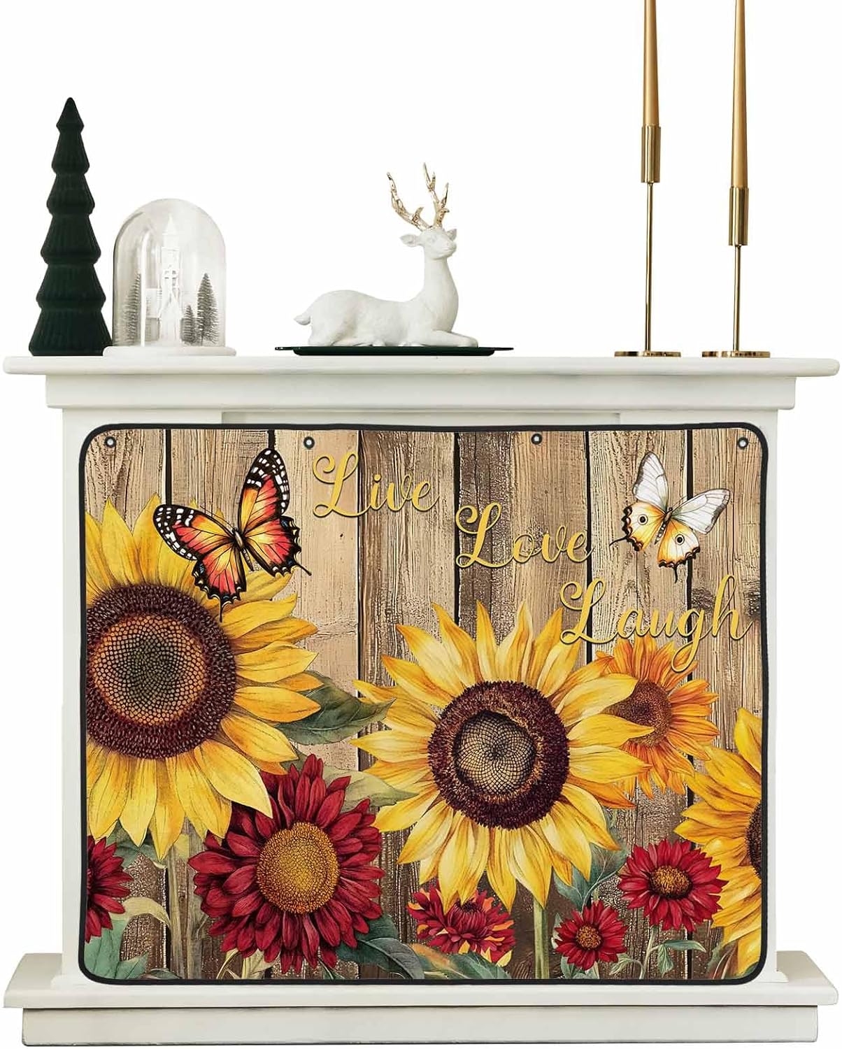 Sunflower Brown Wooden Fireplace Cover Decorative, Vintage Flowers Butterfly Magnetic Fireplace Cover Indoor Fireplace Blanket Insulation Fireplace Draft Stopper Save Energy 39" W x 32" H