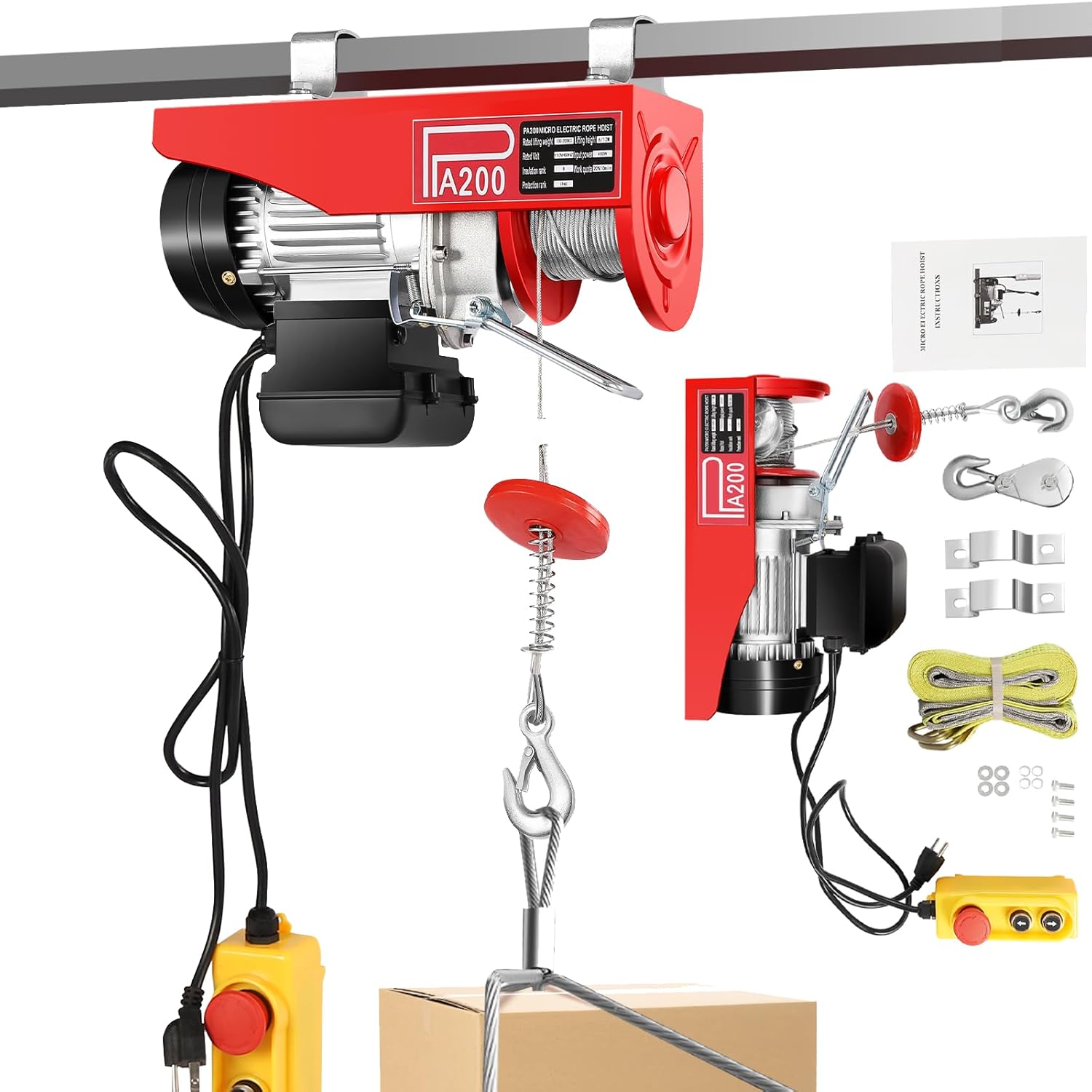 Mini Electric Hoist with Emergency Stop, 440lb Capacity, 480W 110V, Wired Remote, 2 Lifting Straps, for Garage, Warehouse, Construction