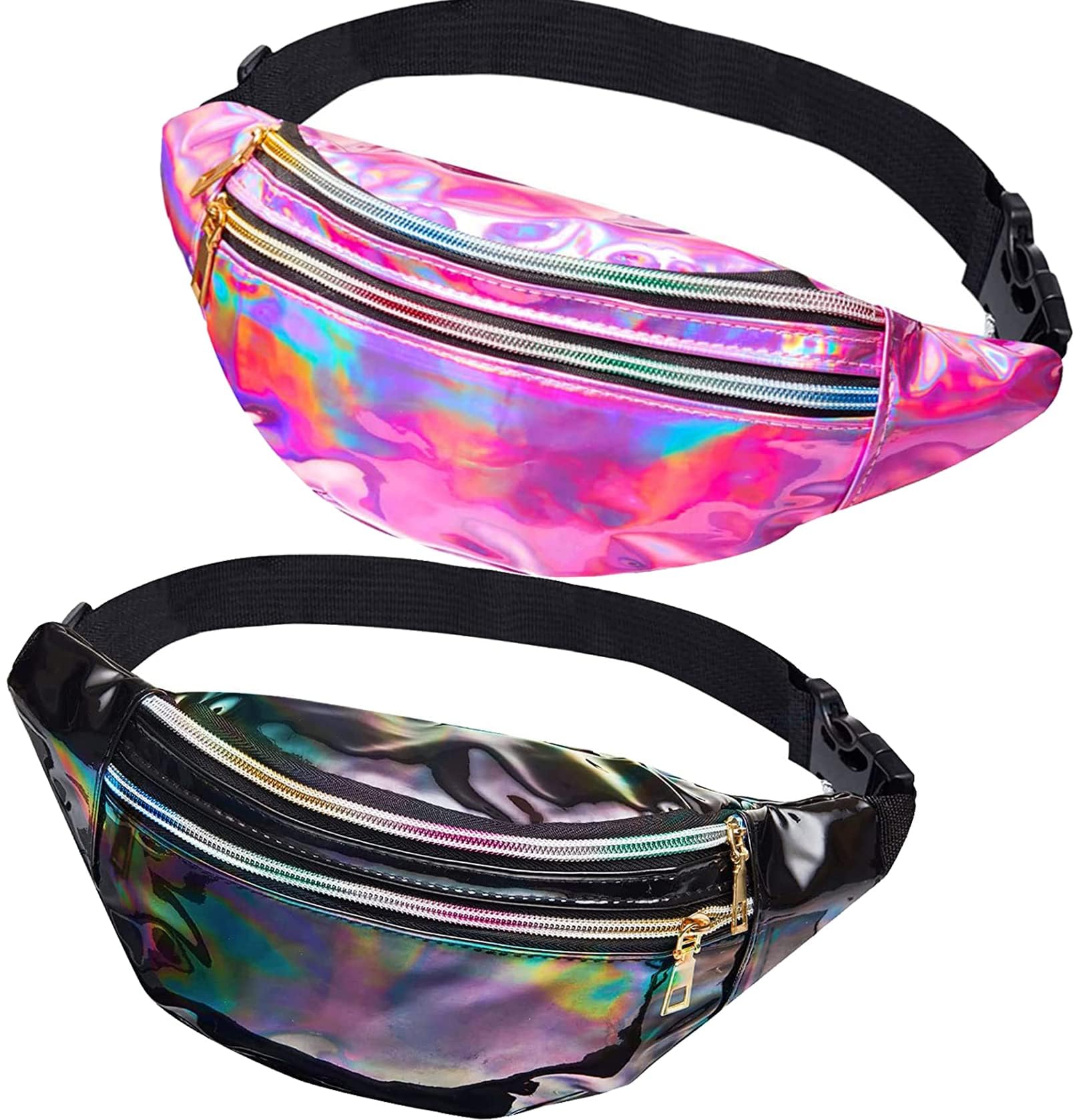 JunD Riñonera Moda Mujer, JunD Riñonera Mujer Moda Impermeable, Riñonera Holográfica Cinturón Ajustable Bolsa de Cinturón Cuero PU Riñonera Deportiva Viaje para Viaje Correr Ciclismo (Rosa+Negro)