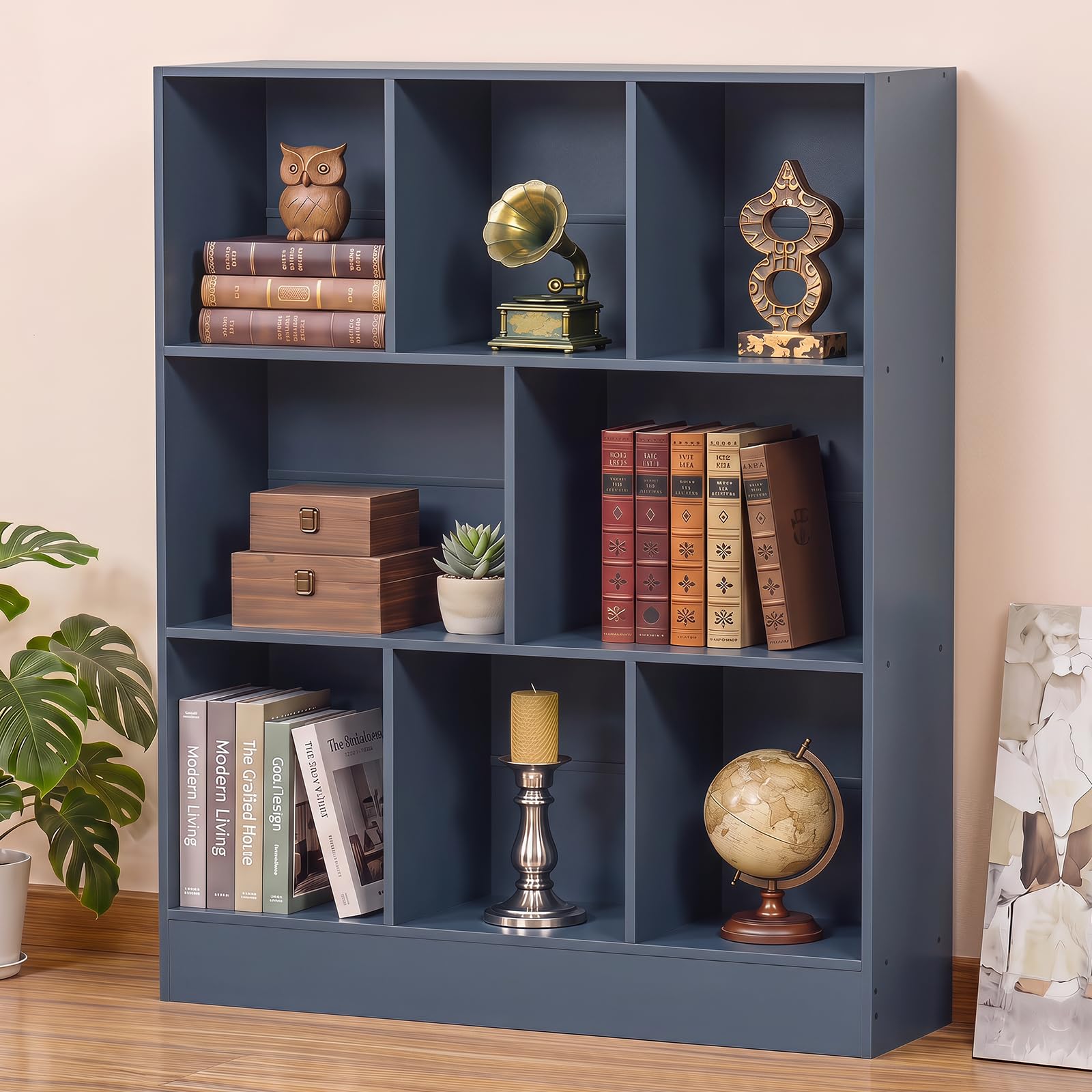 YAHARBO 3 Tier 8 Cube Horizontal Bookshelf,Low Bookcase - Sleves,Dark Blue