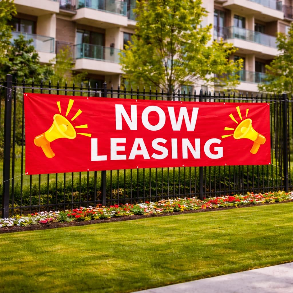 Now Leasing Vinyl Banner 3×10 FT – Waterproof Reusable Vinyl Sign with Metal Grommets & 10 Nylon Ties for Real Estate Advertising, Storefront, Yard, Fence & Outdoor Business Display (Red)
