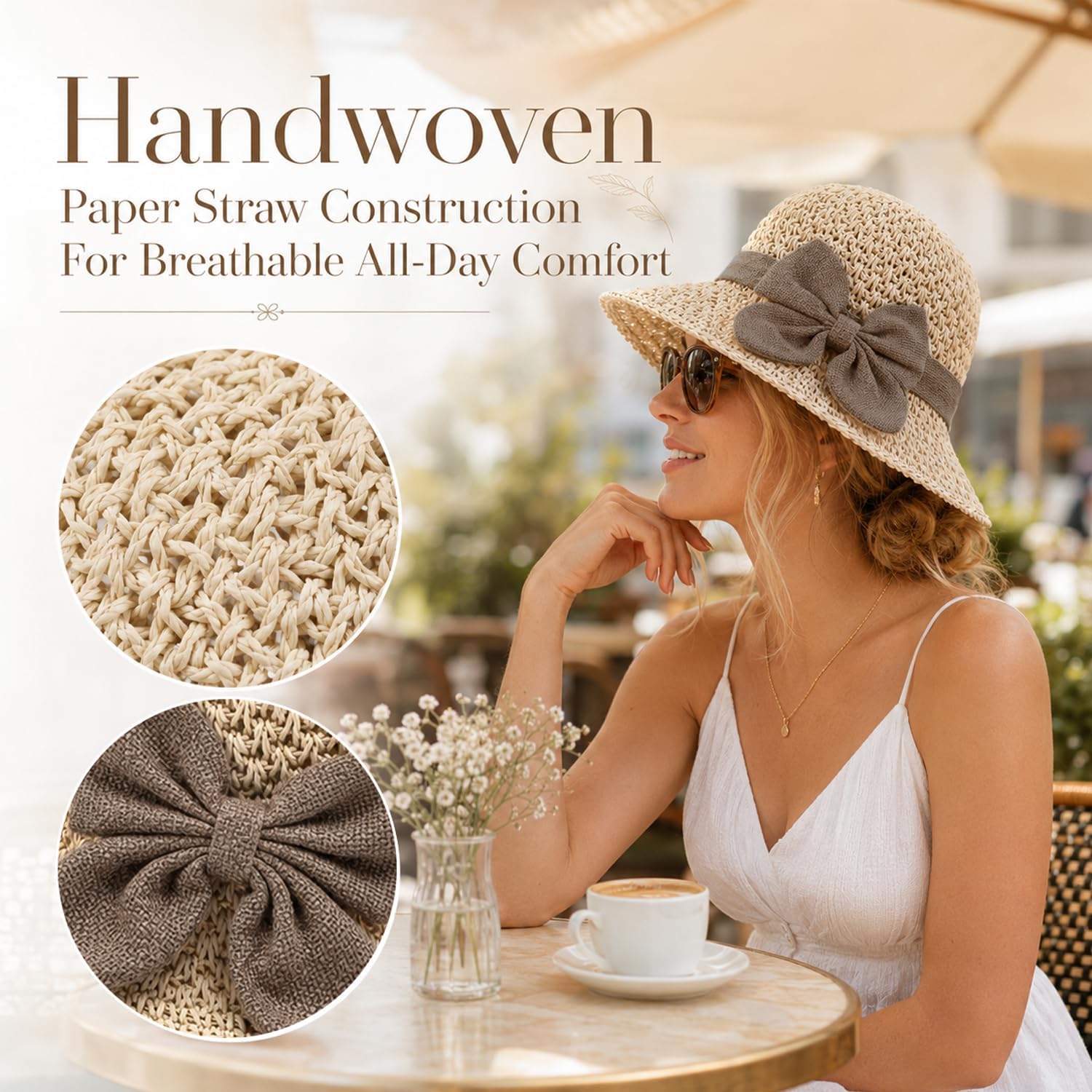 Straw Sun Hat for Women, Foldable Wide Brim Straw Bucket Hats with Adjustable Drawstring & Bow