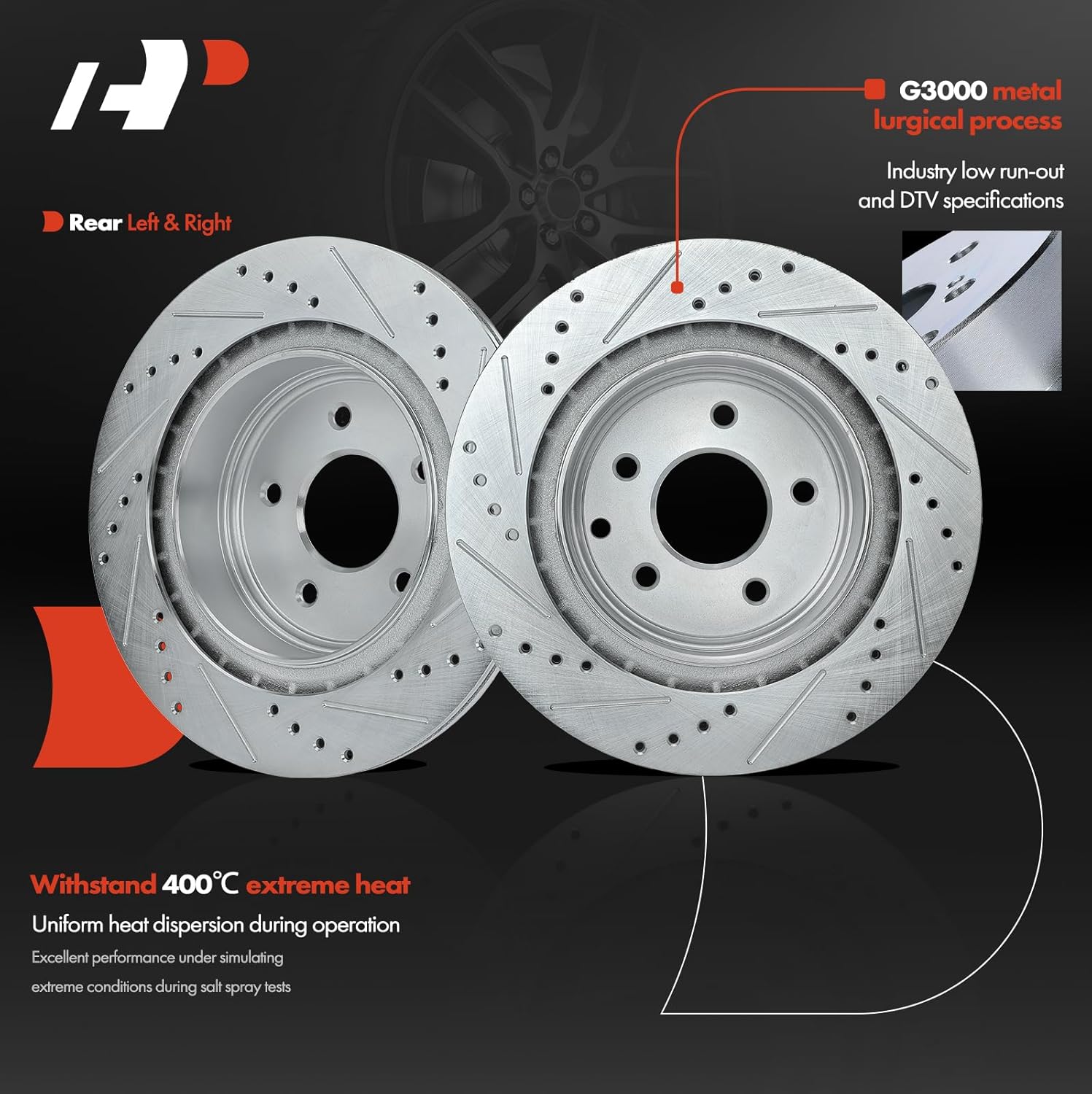 A-Premium 12.11 inch (307.59mm) Rear Drilled and Slotted Disc Brake Rotors Compatible with Select Nissan and Infiniti Models - Maxima/370Z 09-19, 350Z, QX50, Q40, G25, G35, G37, EX35, EX37, M35, M45