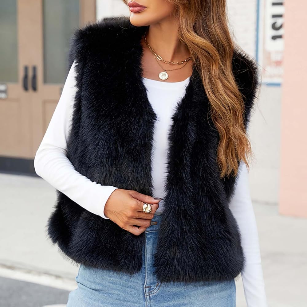 2024 Fashion Women Faux Fur Vest Short Sleeveless Open Front
