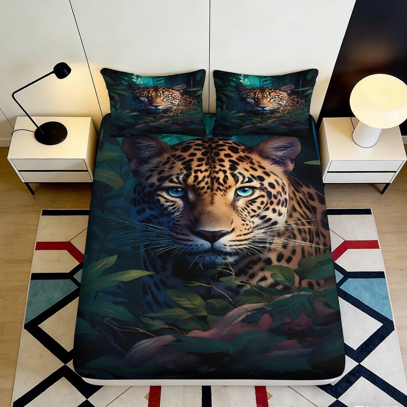 3D Printed Leopard Jungle Fitted Sheet Microfiber Soft Anti-Slip Bedroom Decor Panther Bed Cover Machine Washable 90x200x25cm