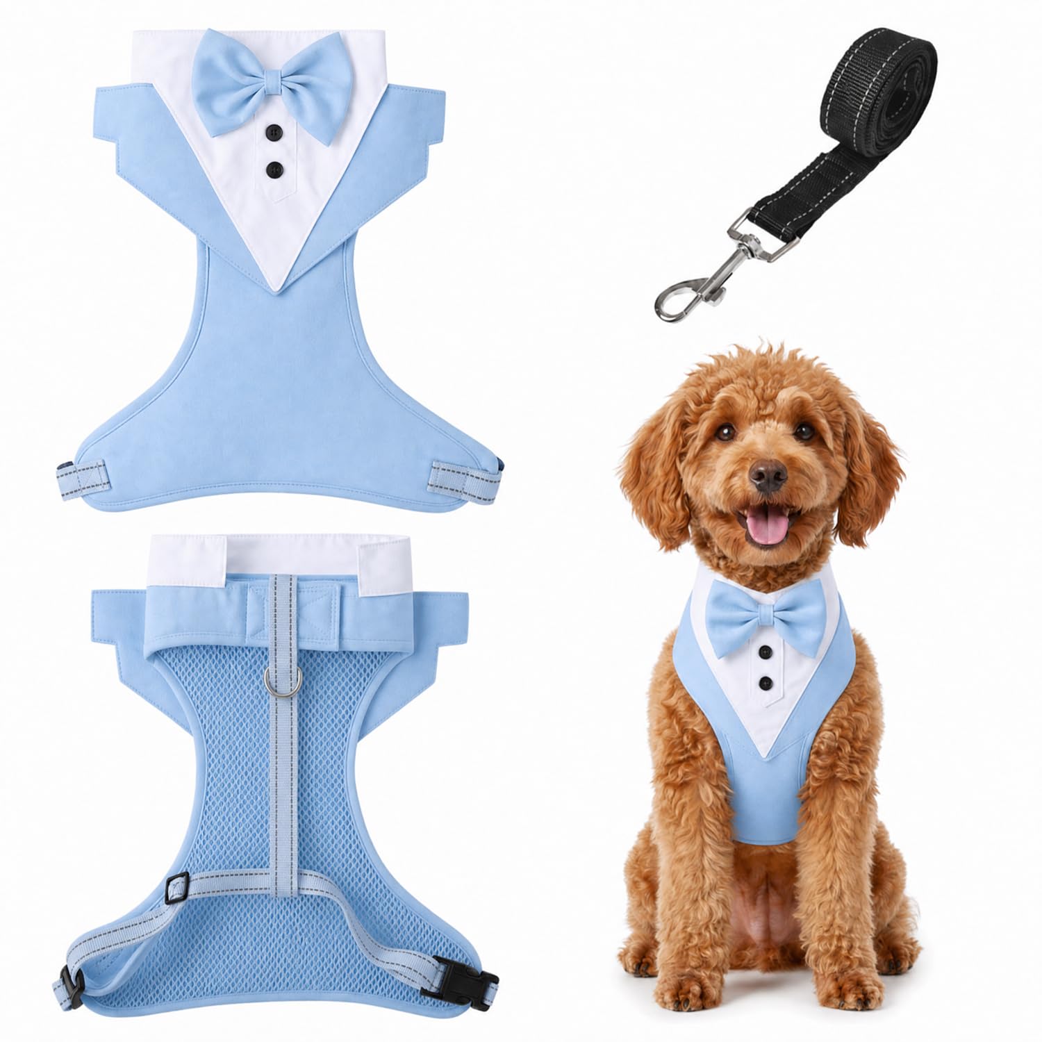 Tuxedo Style Dog Harness with Bow Tie - Wedding Outfit, Secure Step-in No Pull Padded Adjustable for Small Medium Dogs, Puppies, Cats, French Bulldogs(Light blue M)