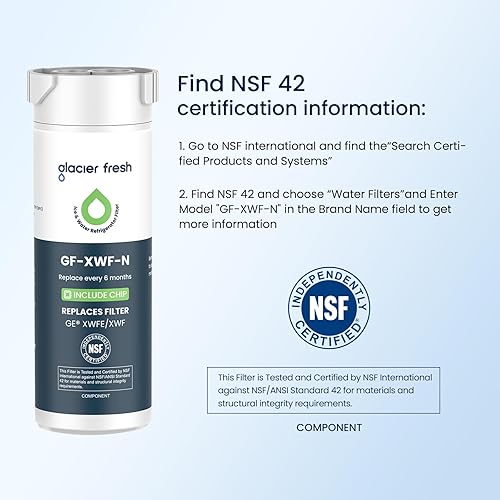 Miniatura 5 de GLACIER FRESH Filtro de agua compatible con XWFE (chip integrado), repuesto para GE XWFE, XWF Filtro de agua para refrigerador NSFANSI 42,