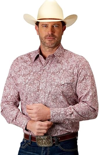 Mens Long Sleeve Snap Stretch Poplin Paisley Western Shirt