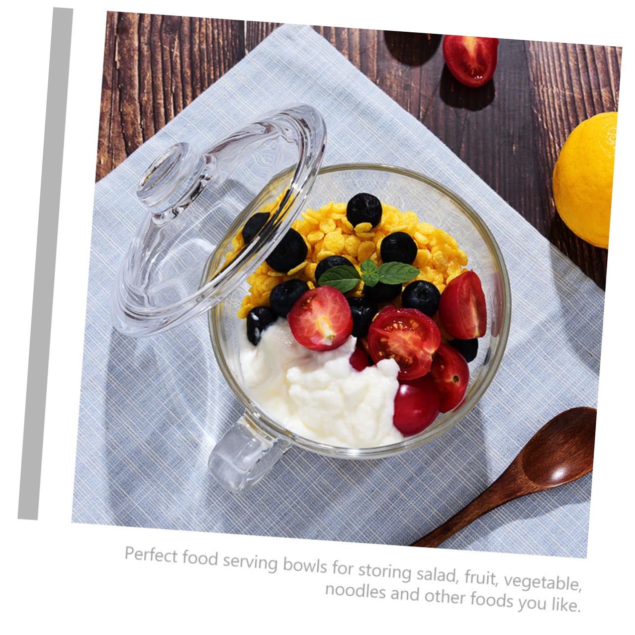 Homoyoyo Bol de Cristal Transparente de 600 Ml con Tapa y Asa Bol para Desayuno Leche Avena Ensalada y Postres Recipiente Multifuncional para Uso Doméstico