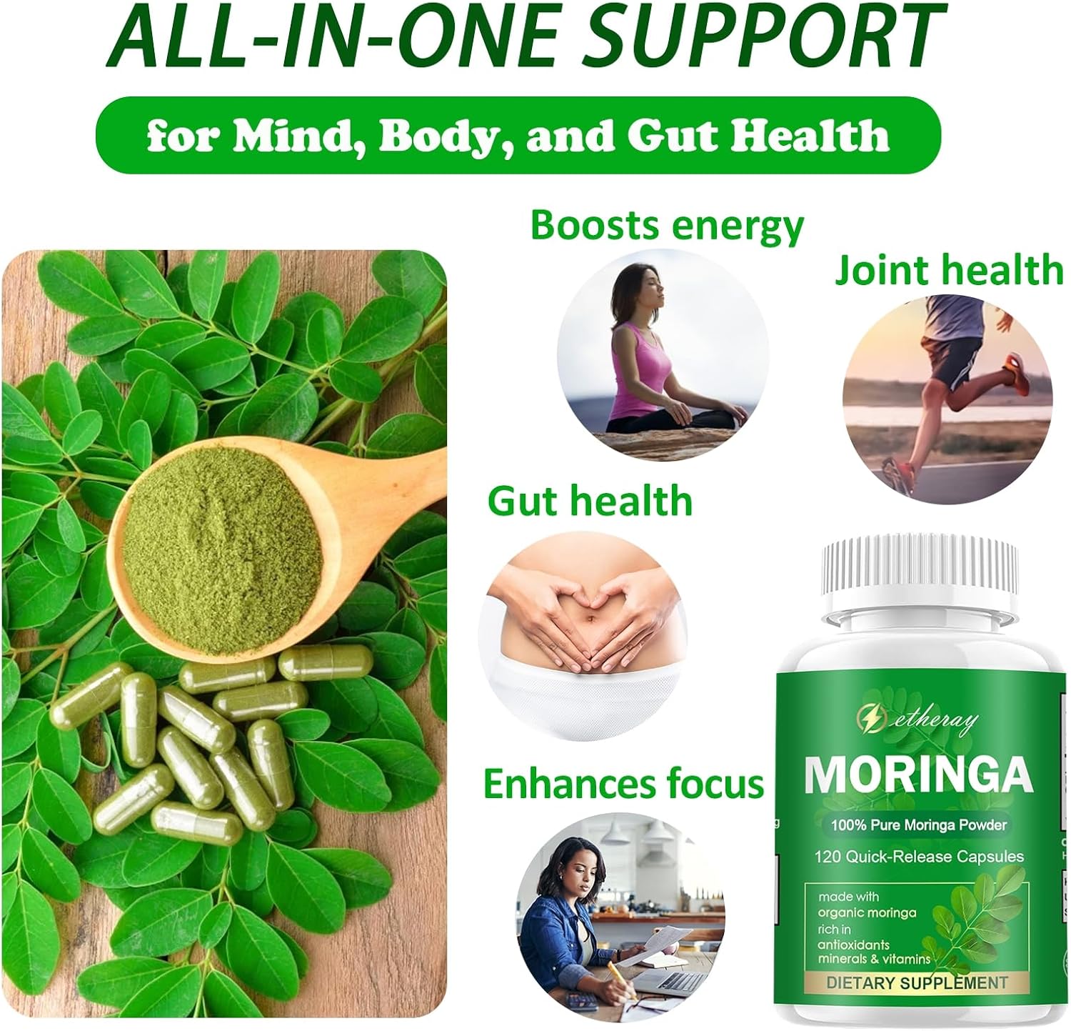 Moringa Capsules, Pure Moringa Powder 800mg per Serving - 120 Capsules - Natural & Vegan Supplement