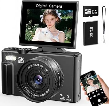 Digital Camera 5K 75MP Camera with WIFI, 3.0" LCD 180 Flip Screen, 18X Zoom