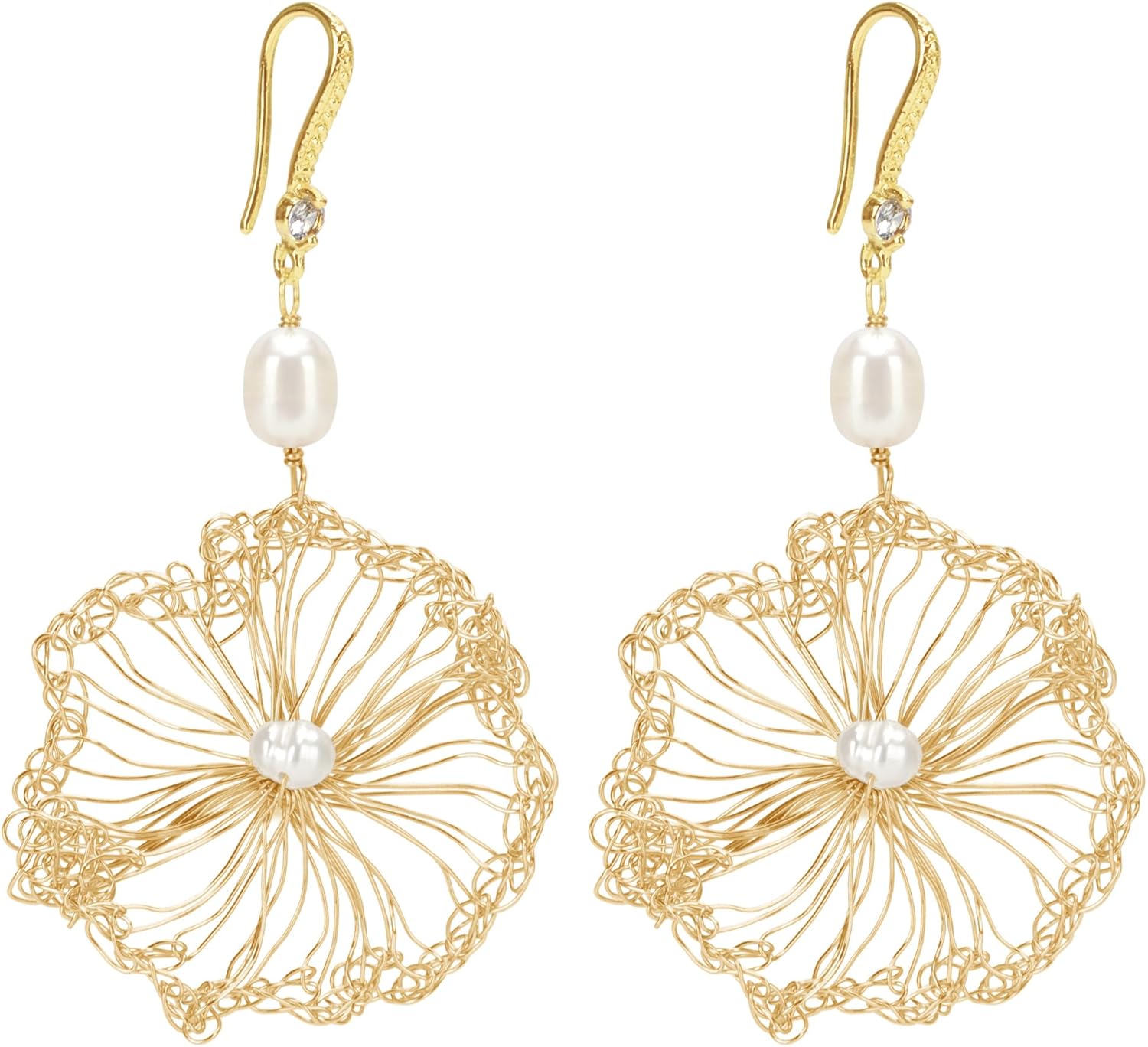 ELEXIS 18k Gold Big Flower Pearl Drop Earrings For Women Handmade Trendy Comfy Freshwater Pearls Aesthetic Life Tree Dangle Earrings Hypoallergenic Engaged Wedding Bridesmaid Hanging Jewelry