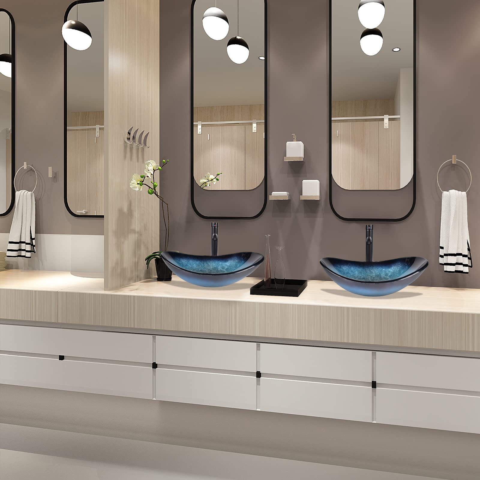 YU YUSING Lavabo da Appoggio in Vetro, Lavabo da Bagno, Lavadino Ovale con Rubinetto, per Bagno, Cucina, Ospiti, WC, Moderno, Colore Blu 53 x 35 x 16 cm