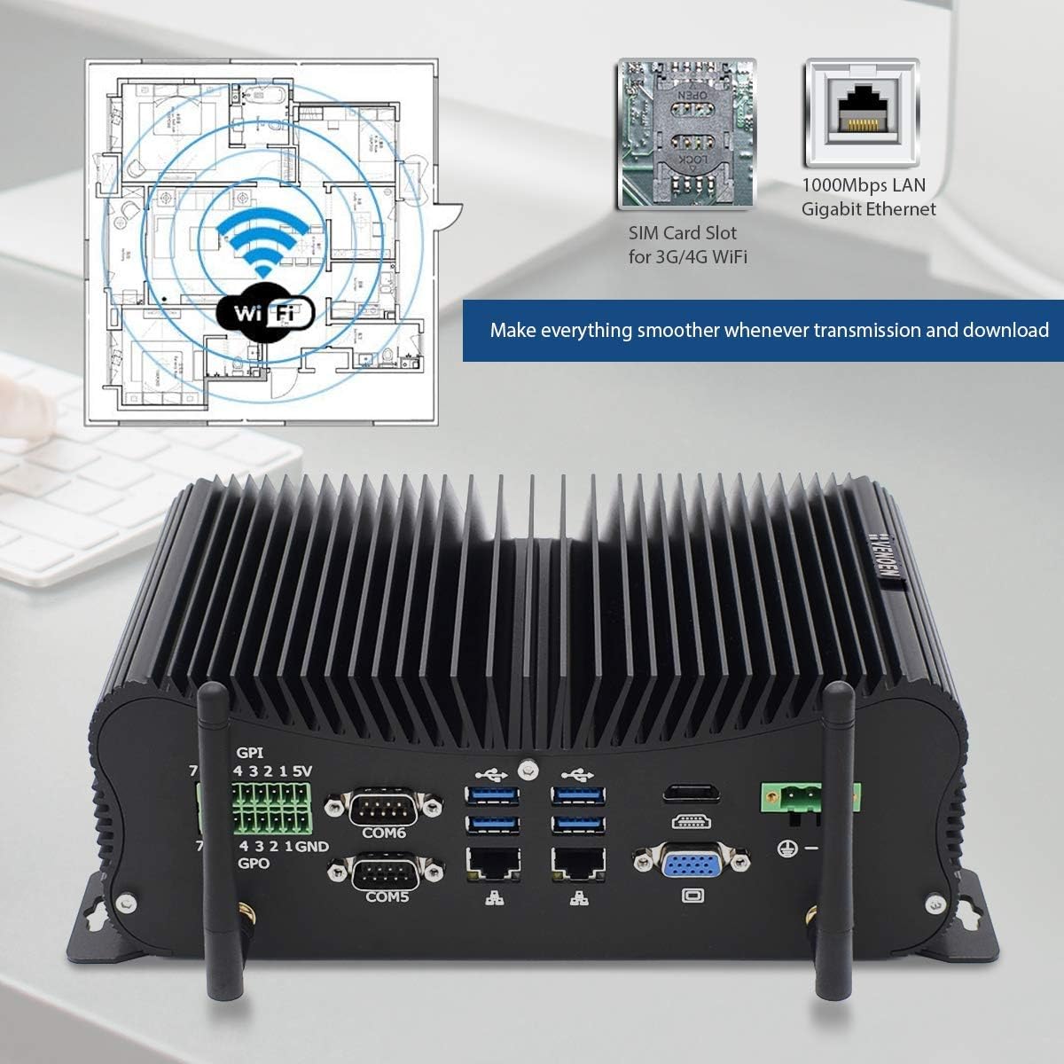 Fanless Industrial PC Mini Computer i7 8550U, 32GB RAM 1TB SSD Micro PC, 6*RS232/485 COM, HD/VGA 4K Dual Display, 2*RJ45 LAN, 6*USB, WiFi, BT 4.0, Win11 Pro Fanless mini PC Support Linux/Ubuntu