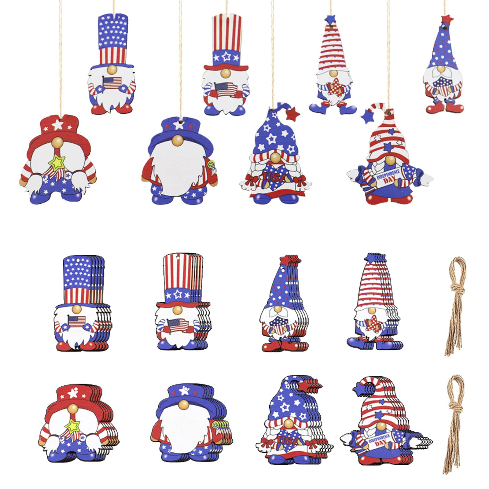 NEWFT 40Pcs/Set Patriotic Wooden Ornaments 4th of July Independence Day Hanging Pendant with Rope for Memorial Day Wall Decoration
