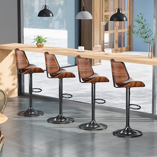 Miniatura 9 de Juego de 2 taburetes de bar giratorios de madera curvada ajustables para encimera de cocina, moderna silla de bar tapizada de piel sintética con