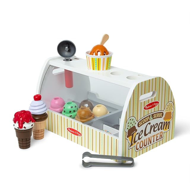 MELISSA & DOUG - Puesto de Helados Madera 28 Piezas: Heladería con 8 Bolas de Helado, Conos y Más
