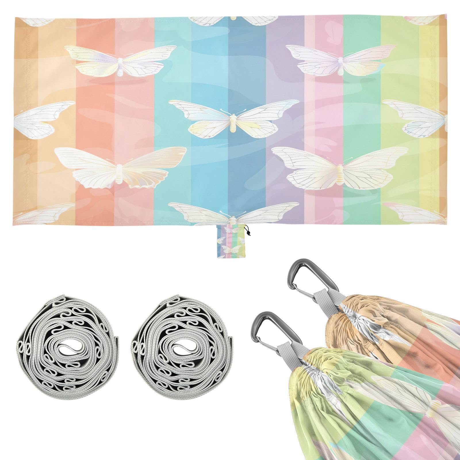 ATTX Rainbow Butterflies Camping Hammock - Lightweight & Portable Hammocks, Heavy Duty 330lbs Capacity for Indoor, Hiking, Backpacking, Travel, Backyard, Beach#519