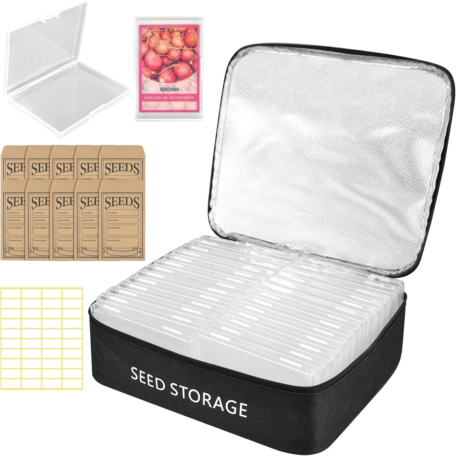 26 Slots Seed Storage Organizer Box with 10 Seed Envelopes, Oxford Cloth Seeds Storage Container with Insulated Bag, Garden Seed Packet Organizer with Label Stickers for Vegetable Flower Plants