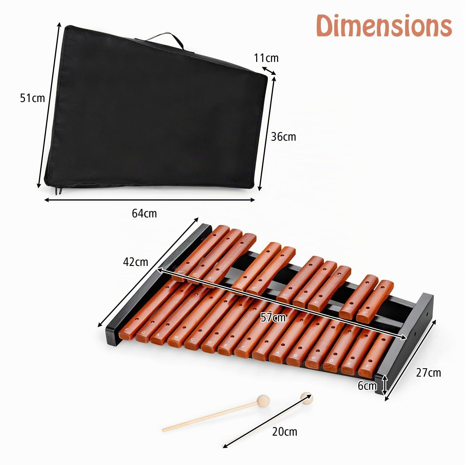 KOMFOTTEU Xylophone 25 notes bois, carillon avec 2 baguettes, percussion manuelle instrument de percussion avec sac de transport, instrument de musique pour enfants adultes