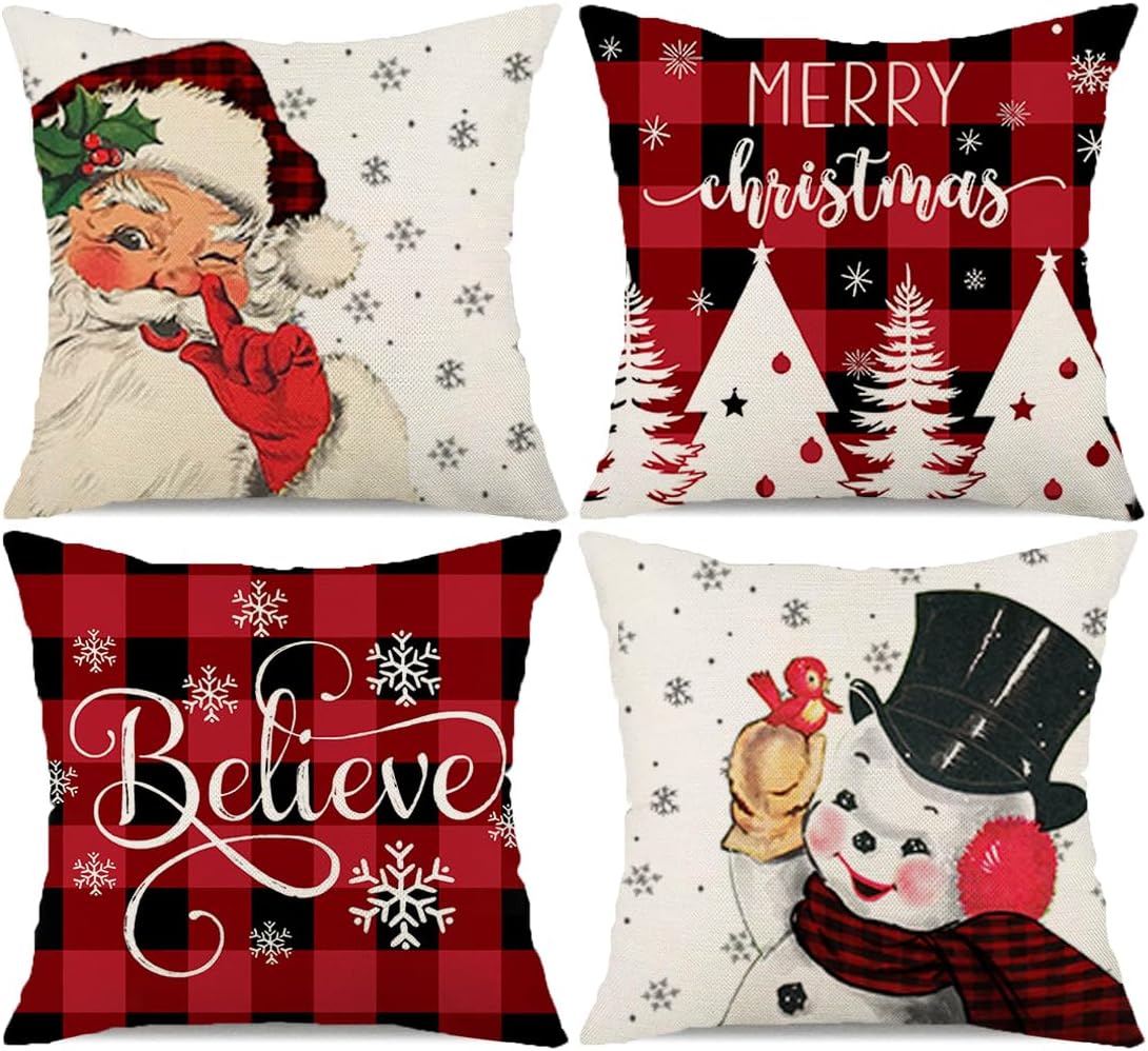 Christmas Decorations Pillow Covers 20×20 Set of 4 Snowflake Santa Snowman Deer Bird Candy Cane Xmas Rustic Winter Holiday Throw Pillows Christmas Decor Cushion Cases K031 (20"x20", Red)