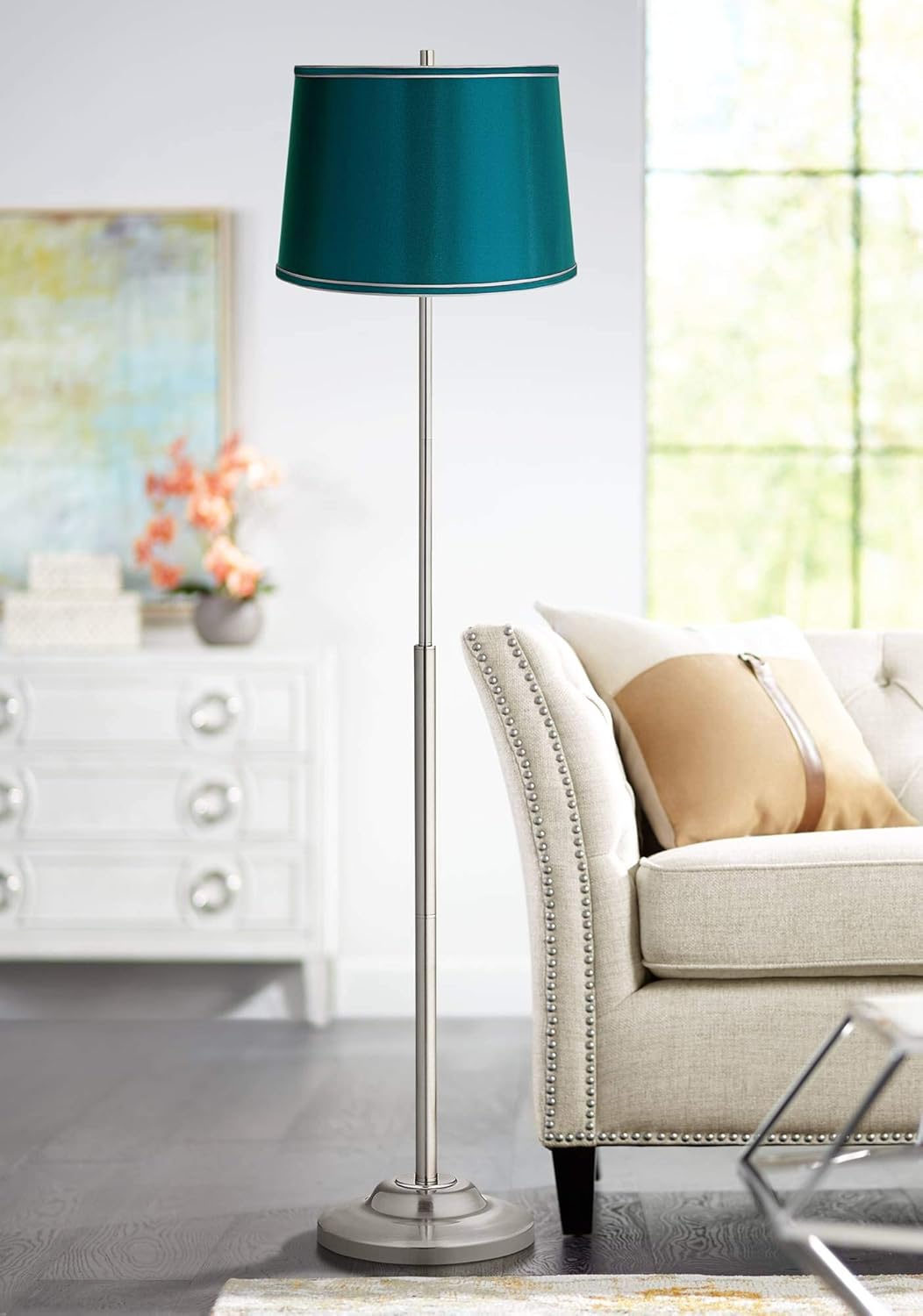 Sydnee Satin Teal Blue Large Drum Lamp Shade (Pre-Assembled) 14" Top x 16" Bottom x 11" High (Spider) Replacement with Harp and Finial - Springcrest