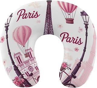 Travel U Shaped Pillow for Sleeping, Soft Comfort Memory Foam Airplane Pillow, Pink Paris Eiffel Tower Head Neck Contour Support Pillow for Office