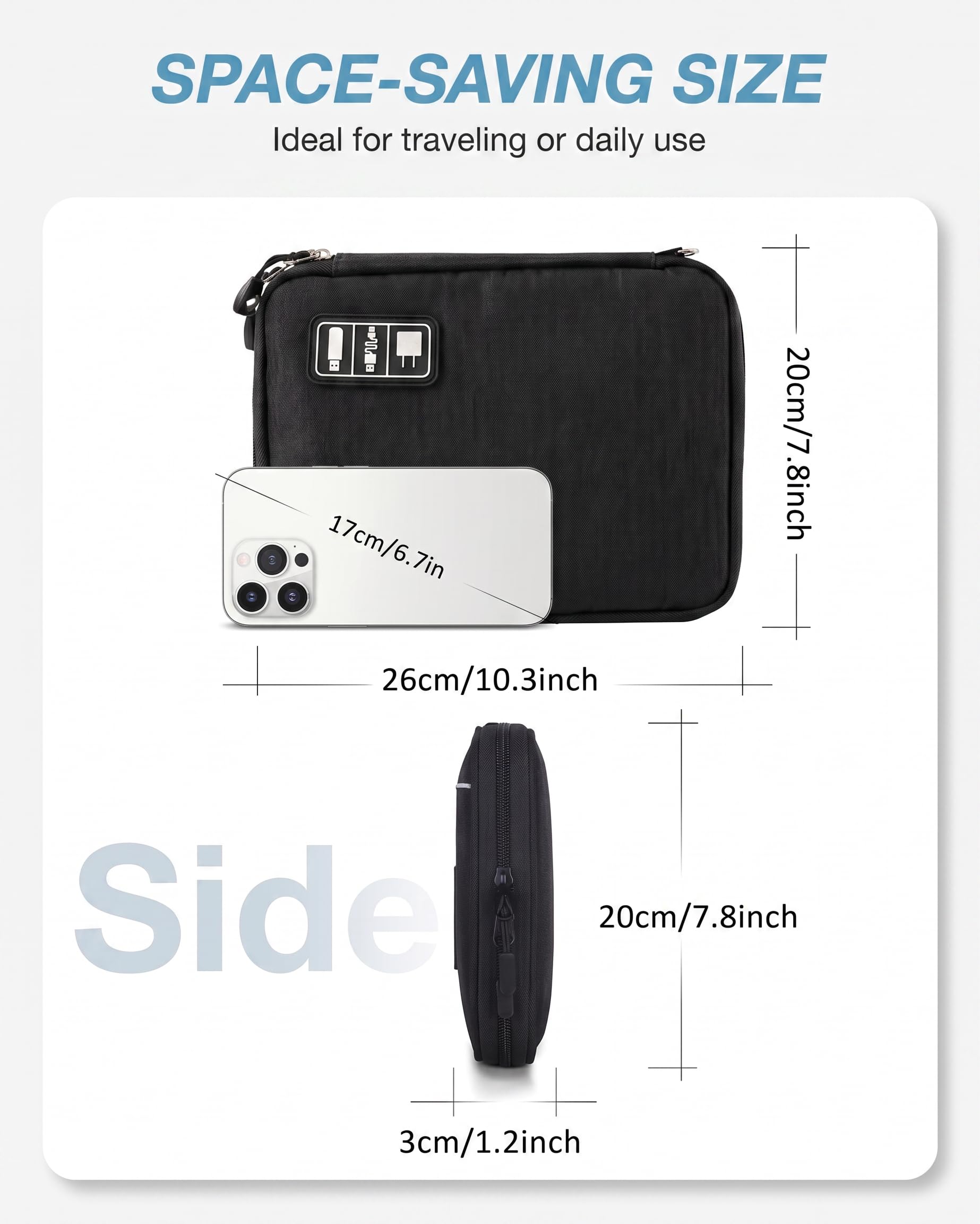 Organizador de cables de viaje, impermeable, portátil, organizador de accesorios electrónicos para cable USB, cargador de teléfono, auriculares, tarjeta SD con 5 bridas (negro)