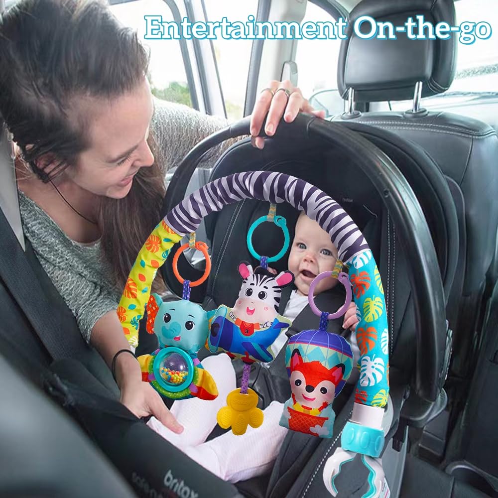 Arco móvil para cochecito de bebé con abrazaderas universales, barra de actividad con clip para moisés, gorila, cuna, asiento de automóvil, juguetes musicales para bebés con chirriador de elefante y 5