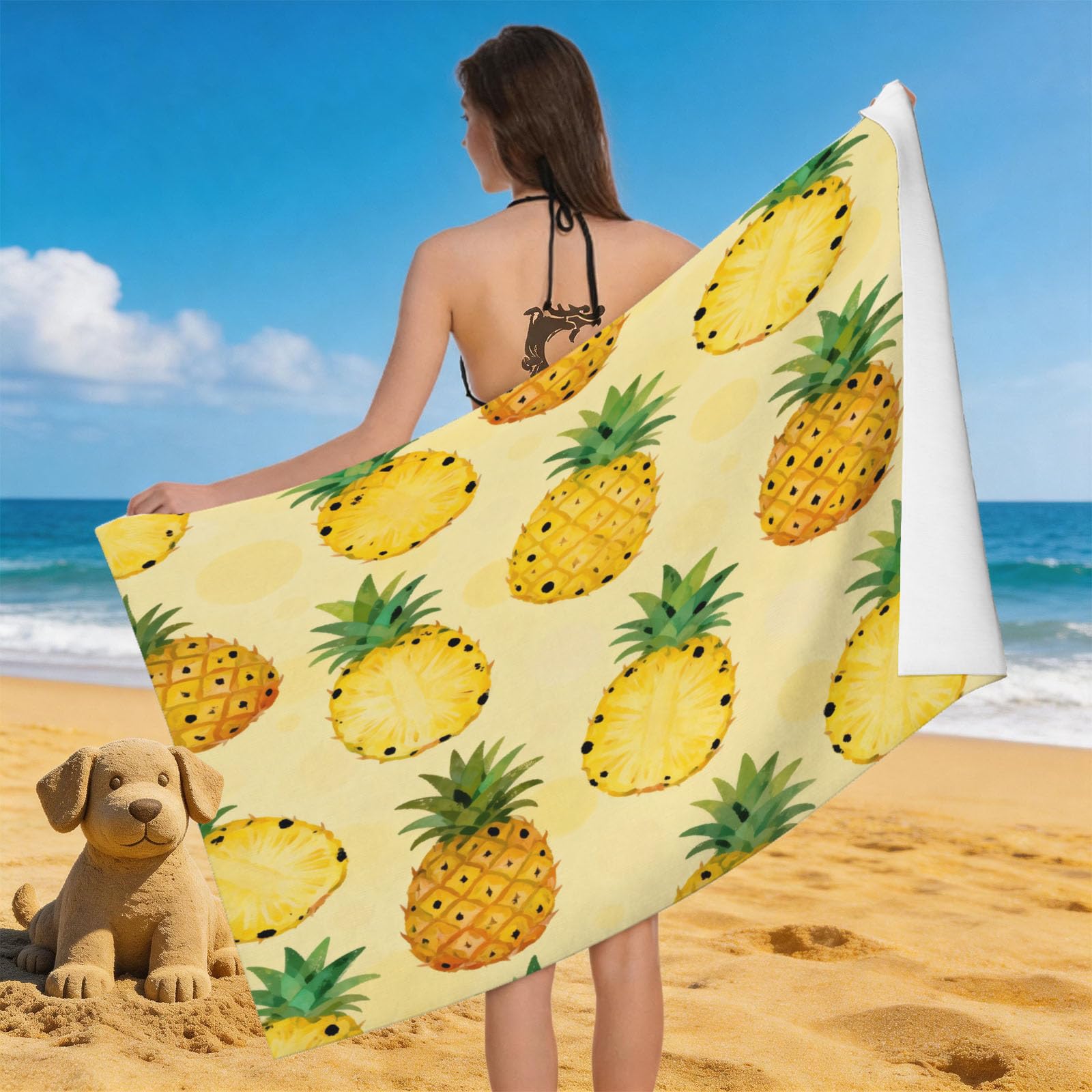 Leichong 3D Cartoon Pineapple Beach Towel Large Microfiber Soft Quick Dry for Adults, Tropical Fruit Print Bath Towel Lightweight Soft Absorbent for Travel Swimming Pool Sports, 80 x 160 cm