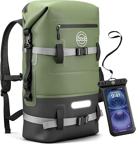 STOVER 5/10/25/30/40/55L Waterproof Dry Bag- Roll-Top Backpack w/Phone Case- Kayaking, Hiking, Camping, Boating- Men/Women 40L Verde (con funda para