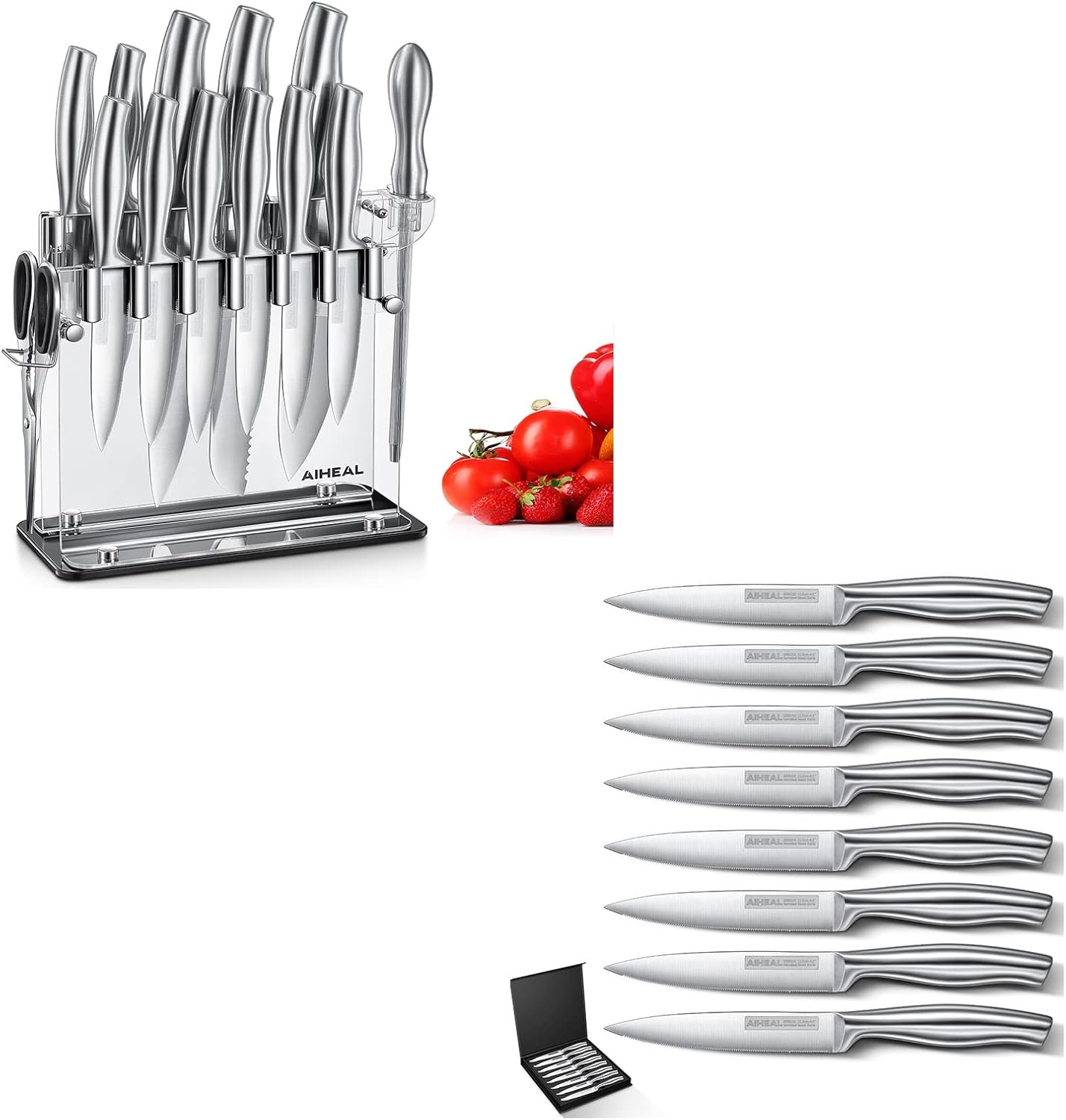 Aiheal Knife Set 14PCS and Serrated Steak Knife Set of 8