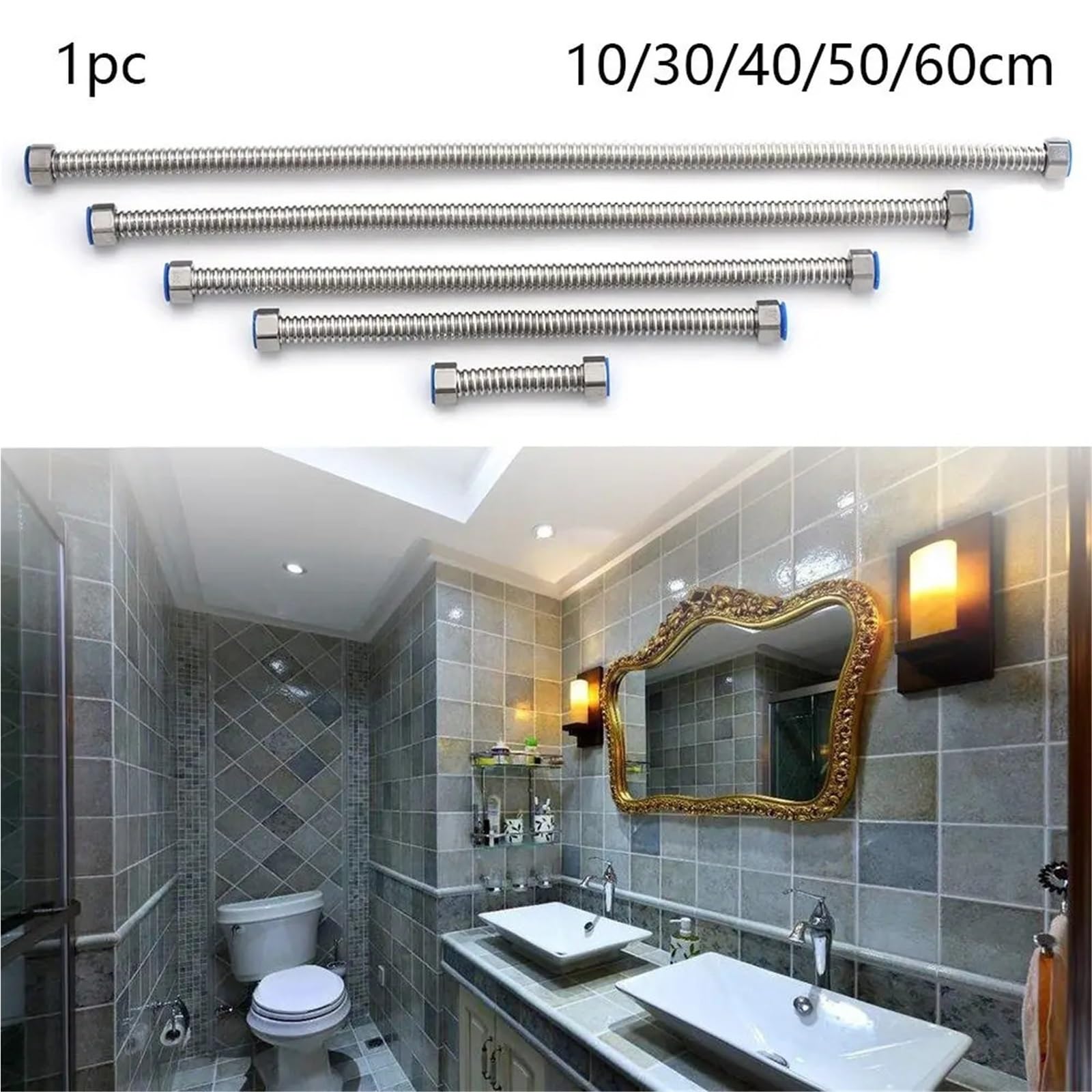 Manguera de ducha flexible de acero inoxidable, 2 unidades, tubo corrugado de metal corrugado de 50 cm, conector de fontanería extensible para calentador de agua, accesorios de ducha para el hogar