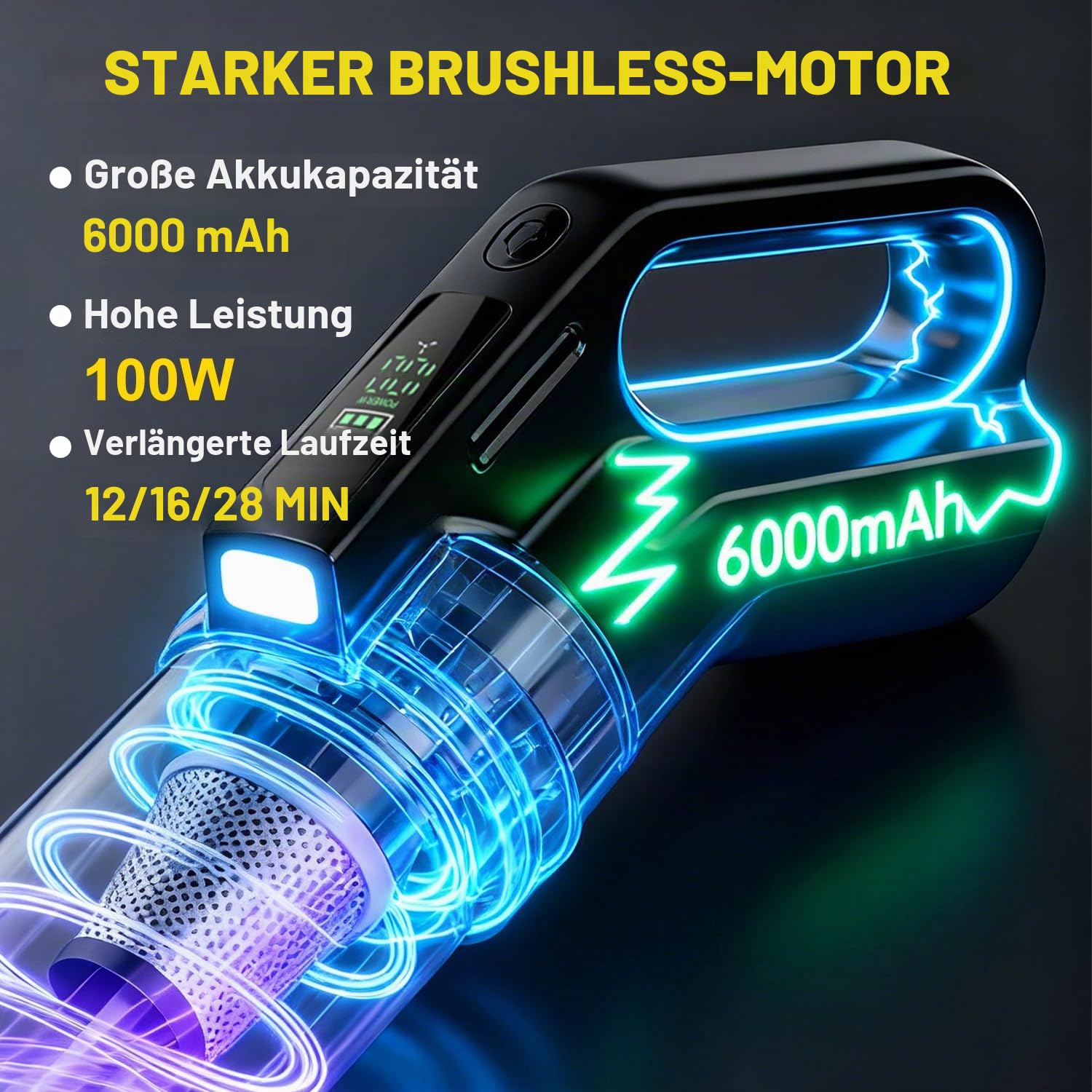 Handstaubsauger Akku, 4-in-1 Autostaubsauger Tragbarer Staubsauger Kabellos 22000Pa Auto Staubsauger Stark, Bürstenloser Motor, Mini Staubsauger für Tierhaare, Auto, Haushalt