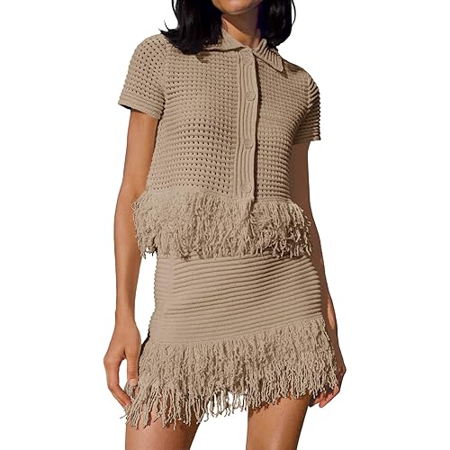 Fisoew Womens 2 Piece Crochet Outfits Short Sleeve Button Knit Sweater Tops Fringe Skirt Summer Vacation Sets Beach Cover Ups