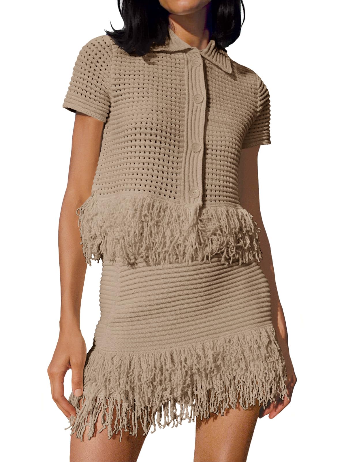 Fisoew Womens 2 Piece Crochet Outfits Short Sleeve Button Knit Sweater Tops Fringe Skirt Summer Vacation Sets Beach