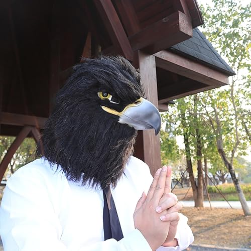 Miniatura 4 de SANZHIGUO Máscara de águila negra, máscara de látex de halcón, máscara de cabeza de águila de boca cerrada, disfraz de animal, máscara de pájaro