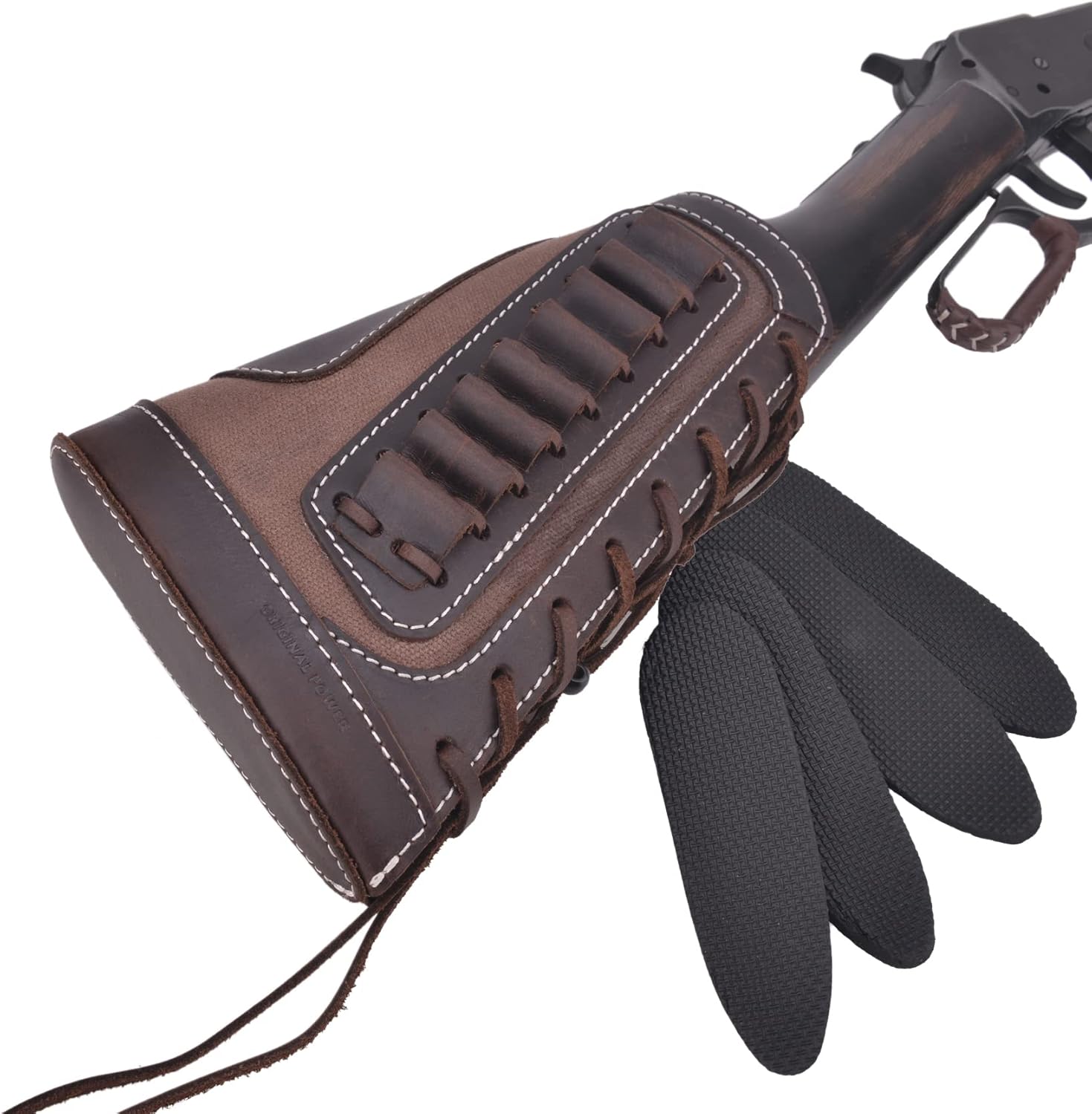 1 Set of Gun Buttstock Cheek Rest Pad with Sling for .357, .30-30, .38 .32Win Spcl.32-40. (Coffee-Canvas & Leather)