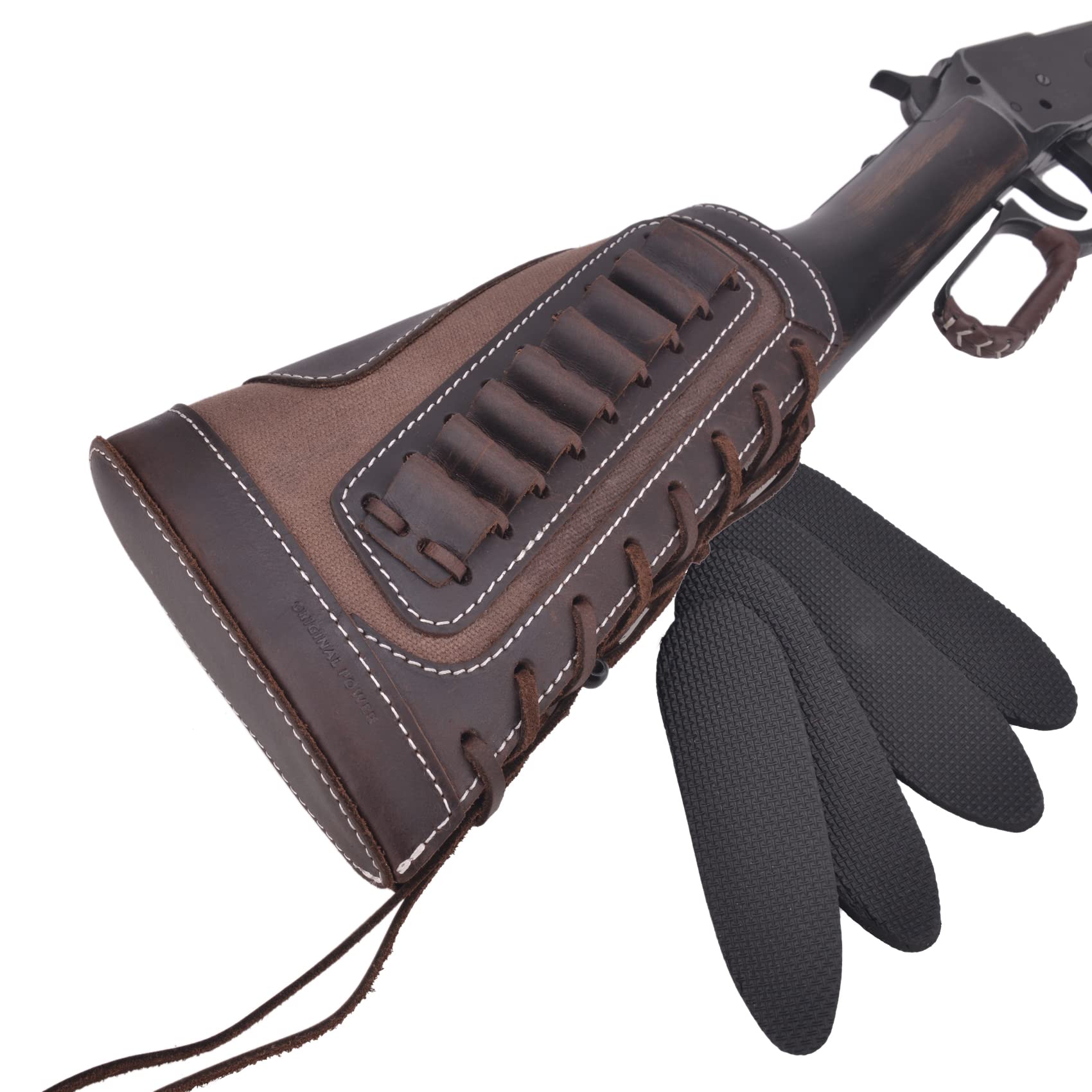 1 Set of Gun Buttstock Cheek Rest Pad with Sling for .357, .30-30, .38 .32Win Spcl.32-40. (Coffee-Canvas & Leather)