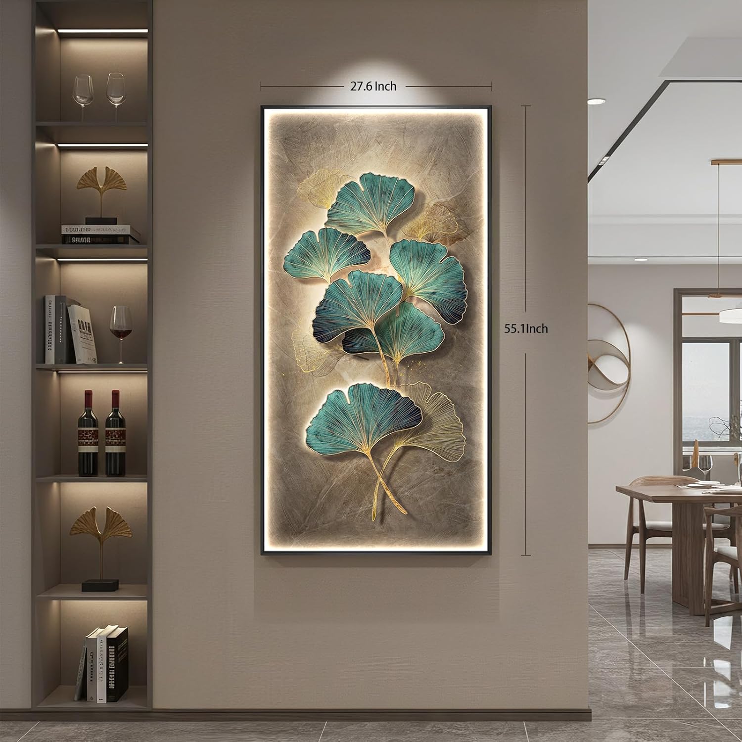 Large Framed LED Ginkgo Wall Art Decor for Living Room, Vertical Lighted Modern Minimalist Green Botanical Artwork for Walls, Luxury Backlit Wall Decor for Hallway, Entryway, Dining Room, Home Office