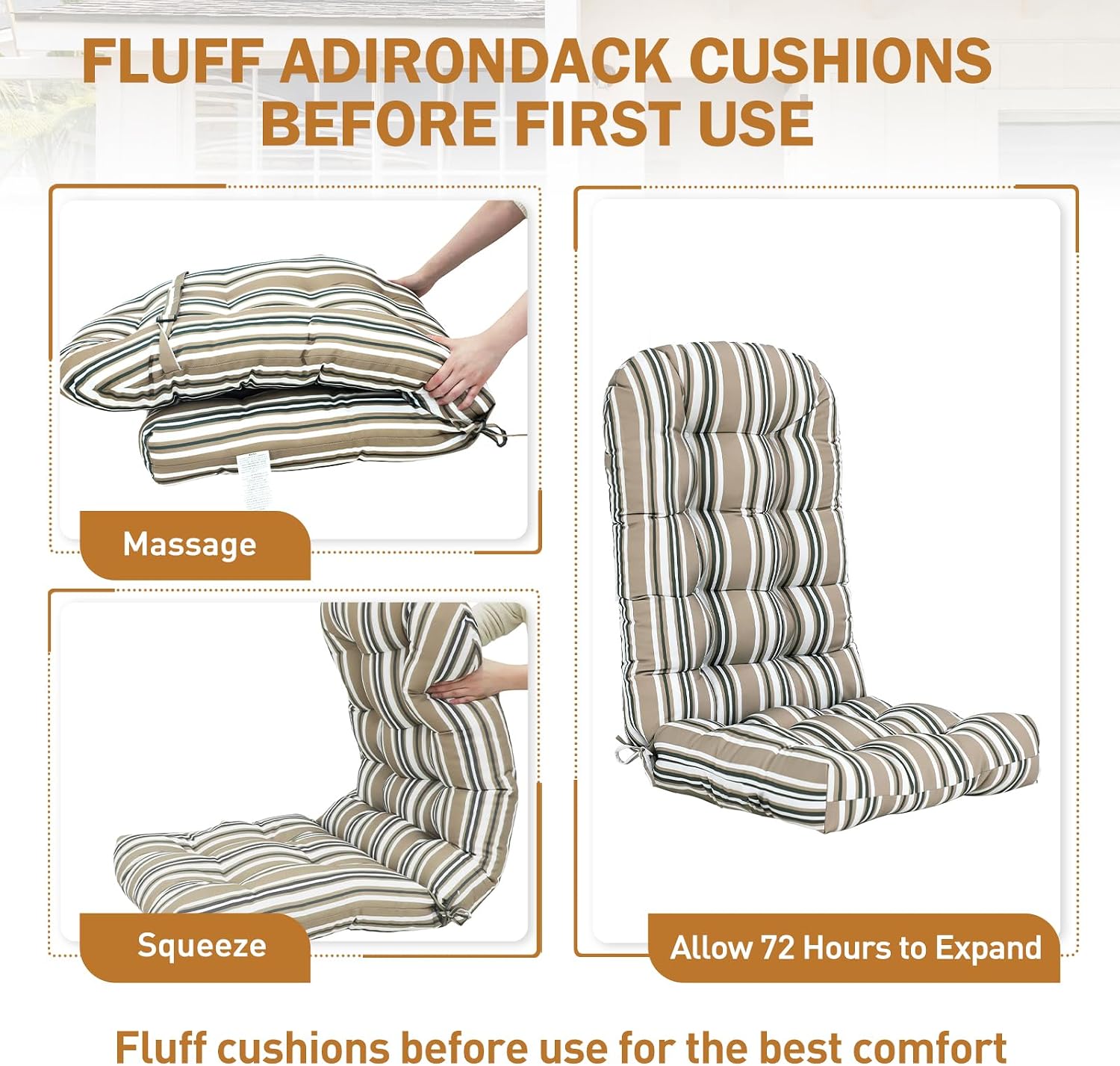 EAGLE PEAK High Back Adirondack Chair Cushions, 5" Thick Non Slip Tufted Cushion for Outdoor Patio Rocking Chairs, 49x20x5 in, Set of 2, Beige Stripes