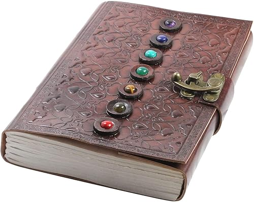 Miniatura 9 de AzureGreen Diario de cuero del libro de las sombras, cuaderno sobrenatural con piedras preciosas de chakras, cristales curativos y pestillo (bloqueo