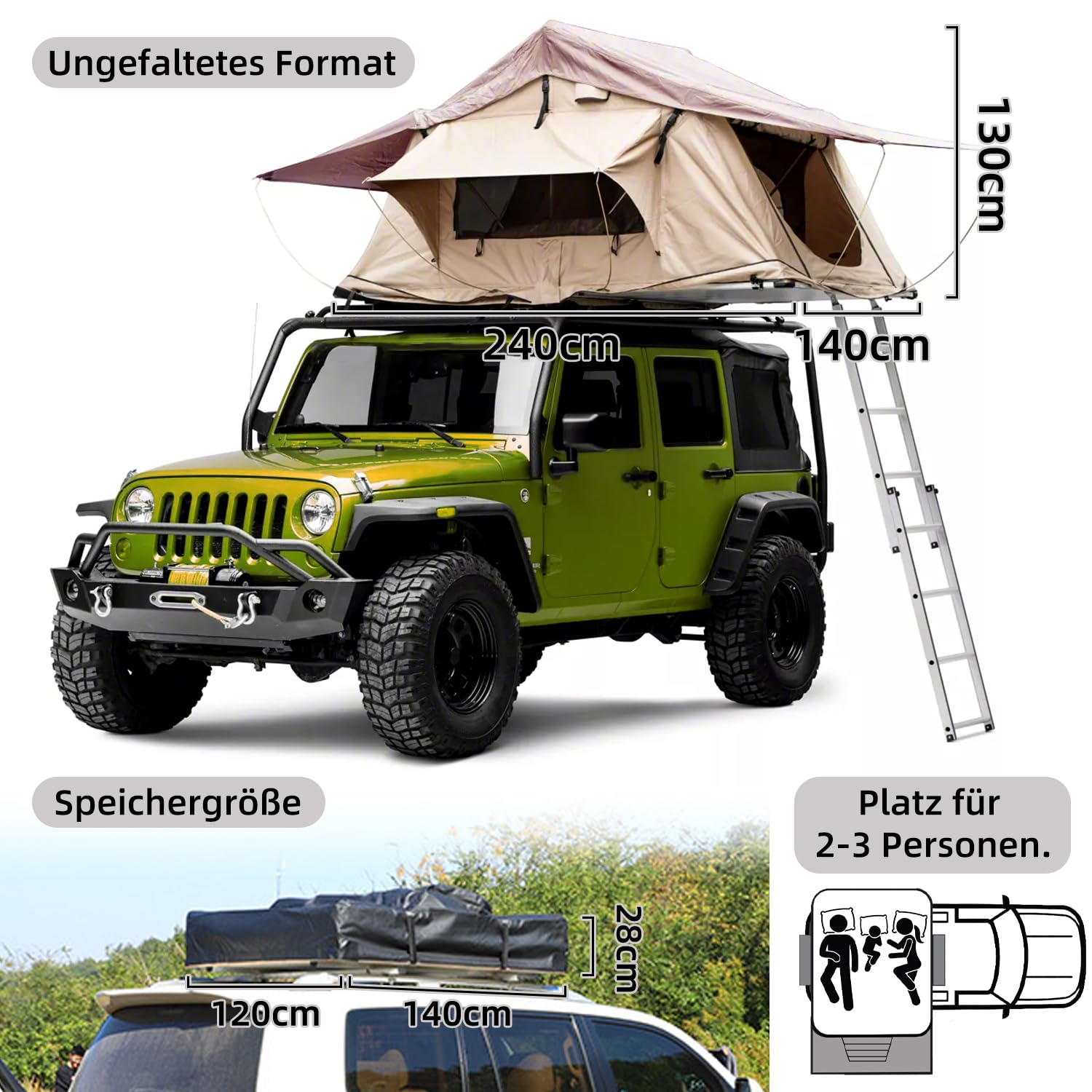 Dachzelt Auto, Dachzelt Auto für 2-3 Personen, Autodachzelt inkl 240 x 140 Matratze, Dachzelte fürs Auto mit Oberlicht, Wasserfest 3500mm, mit 2.1M Aluminium Leiter, Dachzelt für PKW, Bus, LKW, etc.
