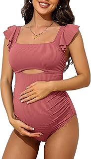 Charmo Ruffle Maternity Bathing Suits for Women Ribbed Tie Knot Maternity Swimsuit Cutout Ruched Pregnancy Swimwear