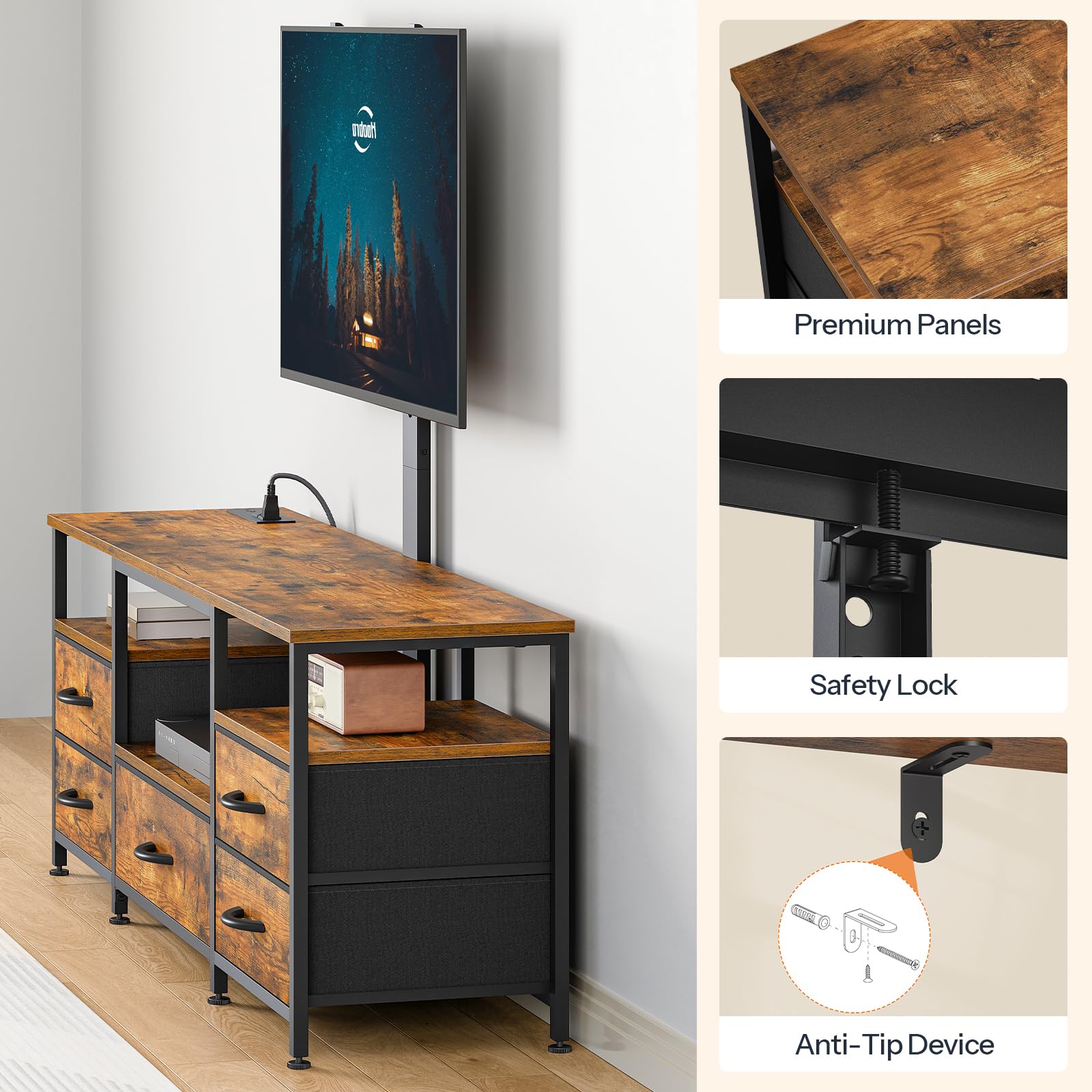 HOOBRO TV Stand with Mount and Power Outlet, for 32/45/55/60/65 inch TVs, Swivel Led Entertainment Center with Drawers, Adjustable Media Console for Living Room, Bedroom, Rustic Brown BF130UDDS01