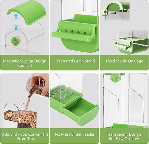 Yummy Sam No Mess Automatic Bird Feeder with Perch for Cage, Acrylic Transparent Bird Cage Feeder Parrot Seed Feeders Food Container Cage Accessories for Small Medium Birds Parrot Cockatoo Canary
