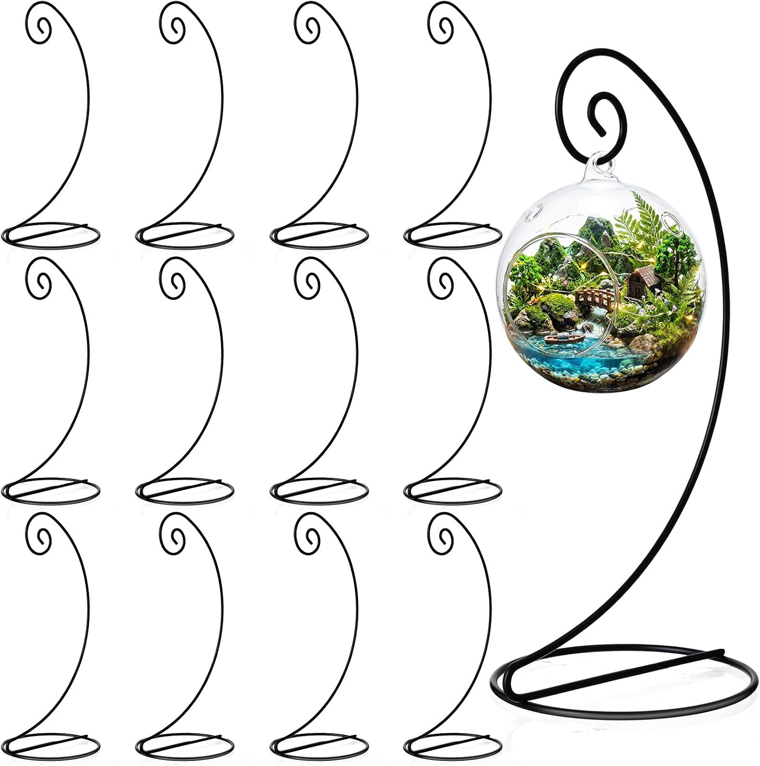 LEIFIDE 12 Pcs Ornament Display Stand 11 Inch Black Metal Stand for Hanging Glass Globe Terrariums, Witch Ball Festivals Wedding Ornament and Home Office Party Decor(Spiral)
